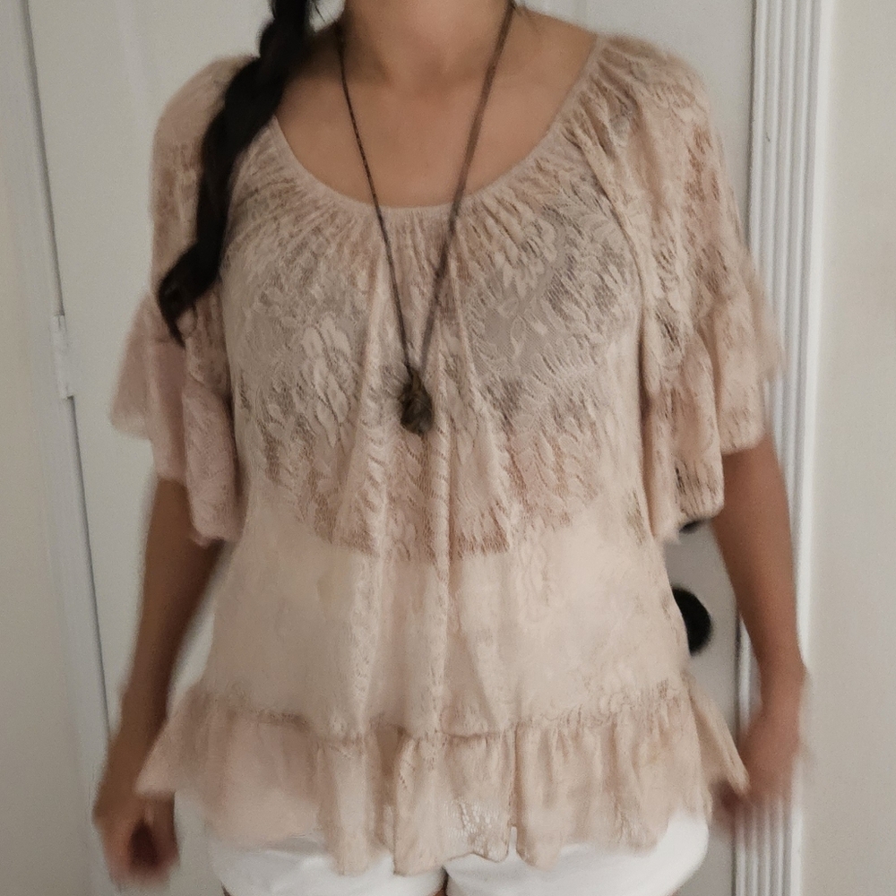 Suzy Shier Beige Lace Scoop Neck Ruffle Blouse